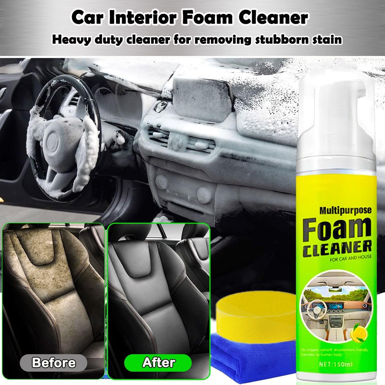 Espuma limpiadora de interiores de coche - Salpicadero de coche, asiento, moqueta, limpiador de tapicería, detalles interiores de automóviles en spray, limpiador de vinilo de cuero