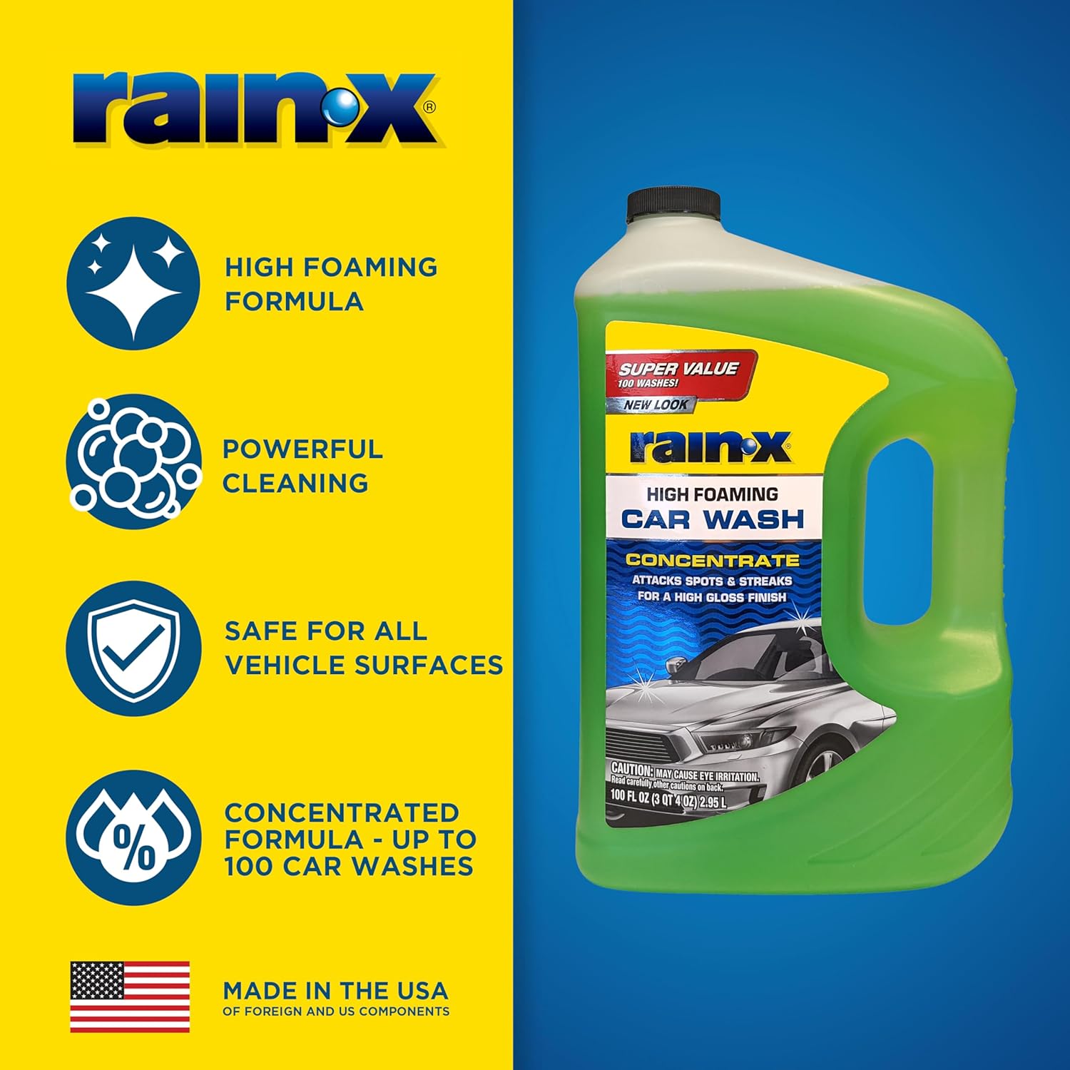 Lavado-coches Rain-X 620191 Foaming - 100 fl oz. Fórmula concentrada y alta espuma para una mayor acción limpia, levantando con seguridad suciedad, mugre y residuos